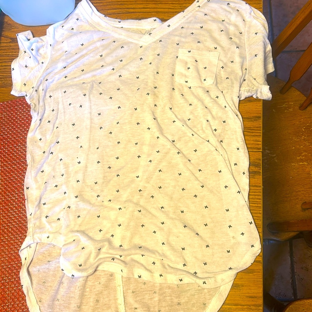 short sleeve tee white with black butterflies XL but runs small.